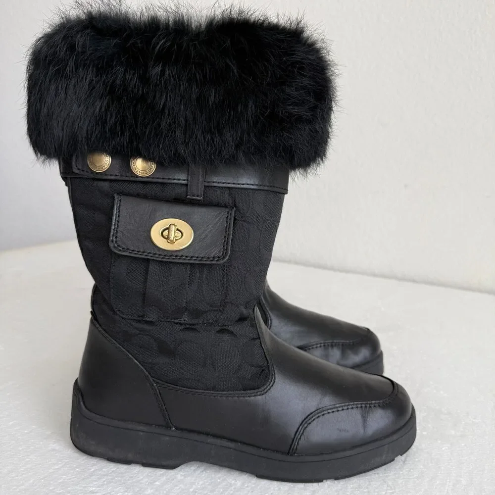 Coach Kimberly Fur Boots Women's 9M Black Leather Fabric Logo Pocket Side Zipper - Picture 2 of 16